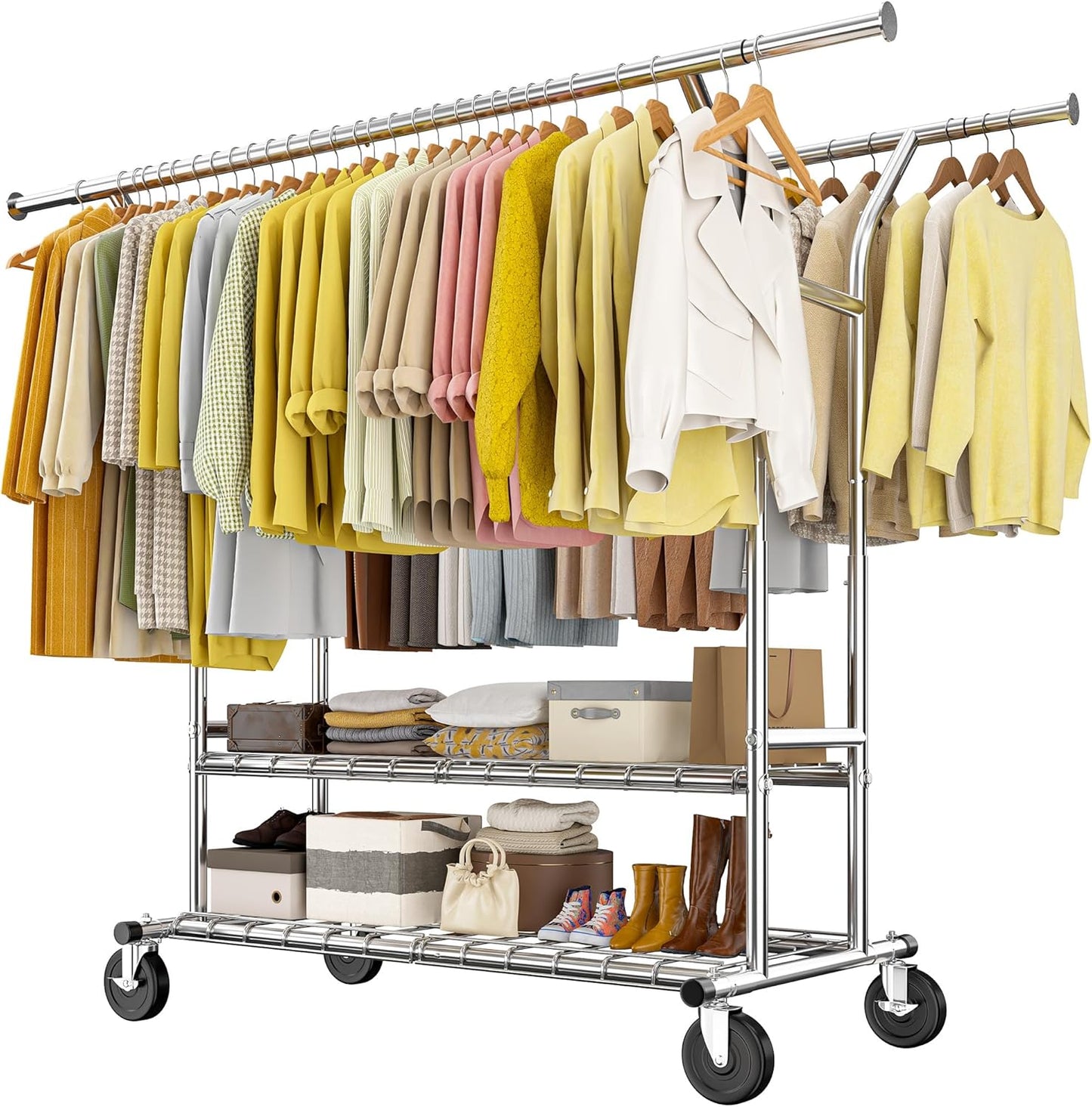 Raybee 74" W Clothes Rack, Clothing Rack, Double Rods Clothing Racks for Hanging Clothes, Load 441 LBS Heavy Duty Clothes Rack with Wheels, Adjustable Garment Rack Portable
