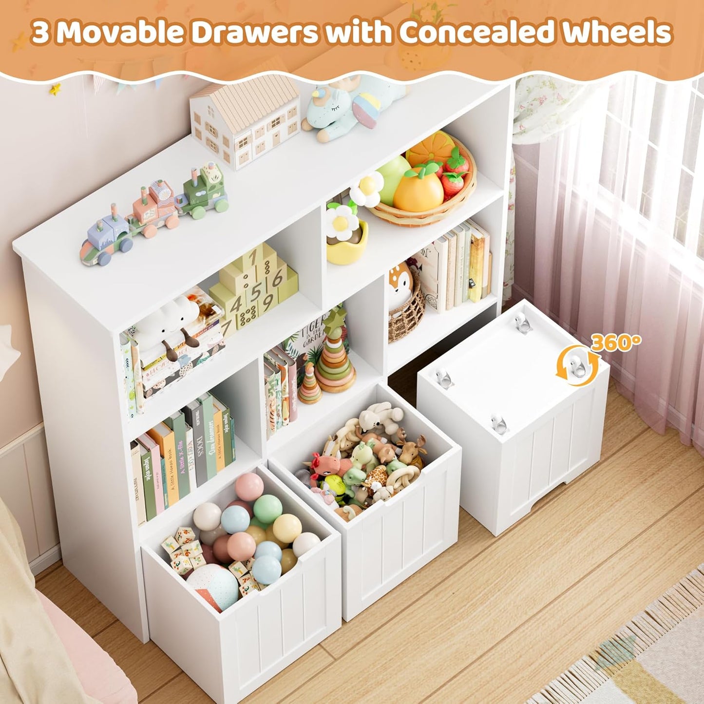 FOTOSOK Toy Storage Organizer with 3 Movable Drawers, Toy Organizer with Hidden Wheels and 5 Open Cubbies, Multifunctional Floor Storage Chest for Playroom, White