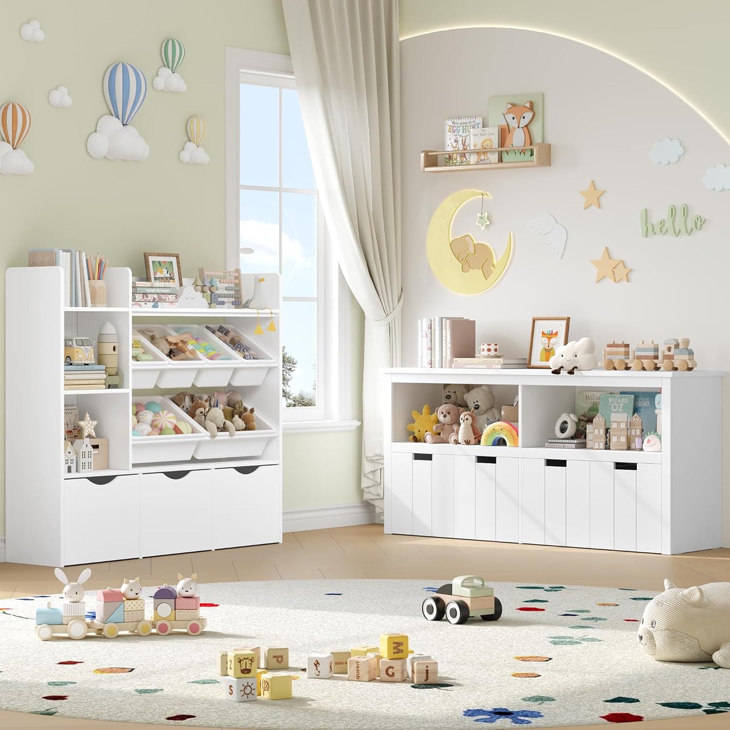Toy Storage Organizer, Toy Organizers and Storage with Hidden Wheel, Small Bookcase and Bookshelf with 4 Movable Drawers, Playroom Organization and Storage for Living Room