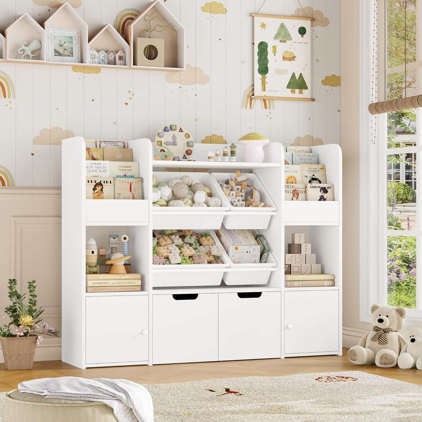 FINETONES 50'' Large Toy Storage Organizer with 4 Toy Bins, 6 Storage Cubbies and 2 Movable Drawers, Bookshelf for Kids, Playroom Organization and Bins, White