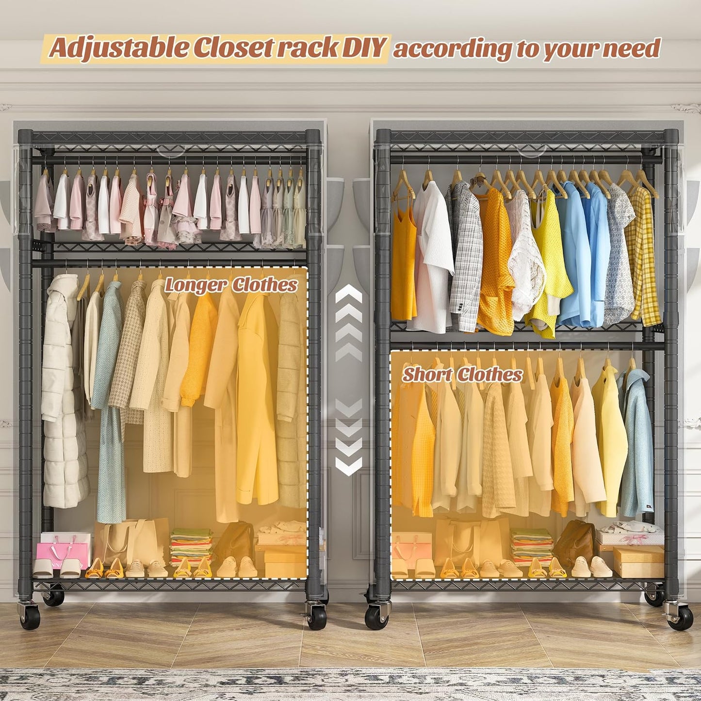 Raybee Clothes Rack with Cover and Wheels,Heavy Duty Clothing Racks for Hanging Clothes Adjustable, Rolling Portable Closet, 35.5" W*15.7" D*79 "H Black