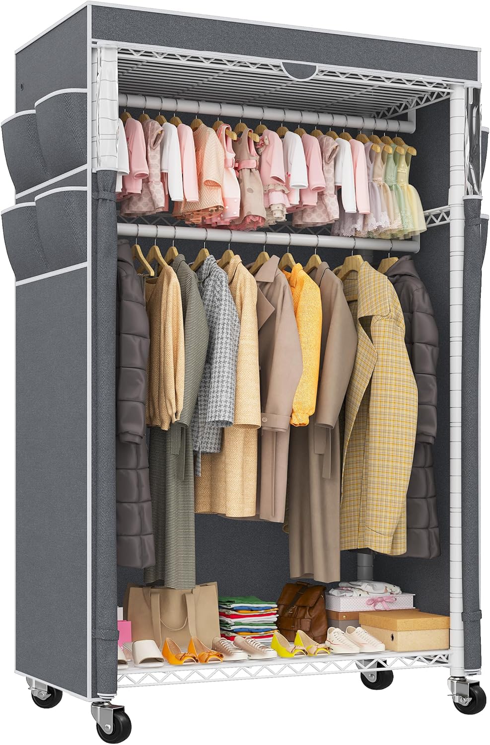 Raybee Clothes Rack with Cover and Wheels,Heavy Duty Clothing Racks for Hanging Clothes Adjustable, Rolling Portable Closet, 35.5" W*15.7" D*79 "H Black