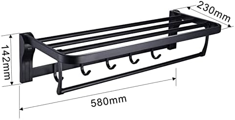 Bathroom Towel Rack Shelf with Hooks Movable Bar 304 Stainless Steel Holder Wall Mount Heavy Duty Accessories (Color : Black, Size : One Size)