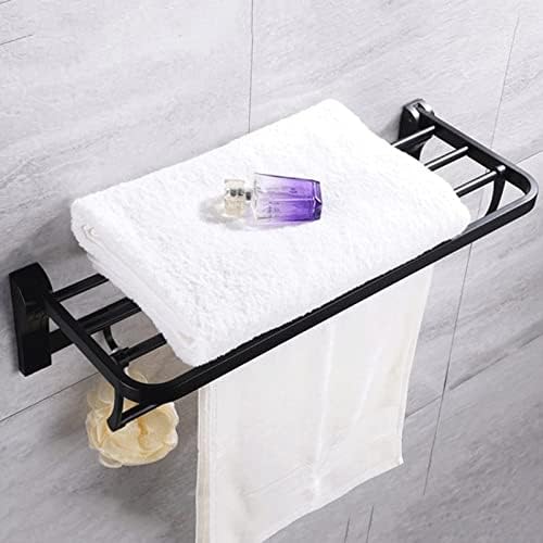 Bathroom Towel Rack Shelf with Hooks Movable Bar 304 Stainless Steel Holder Wall Mount Heavy Duty Accessories (Color : Black, Size : One Size)