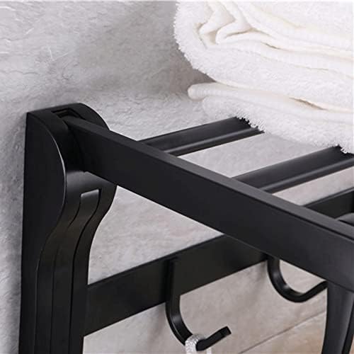 Bathroom Towel Rack Shelf with Hooks Movable Bar 304 Stainless Steel Holder Wall Mount Heavy Duty Accessories (Color : Black, Size : One Size)