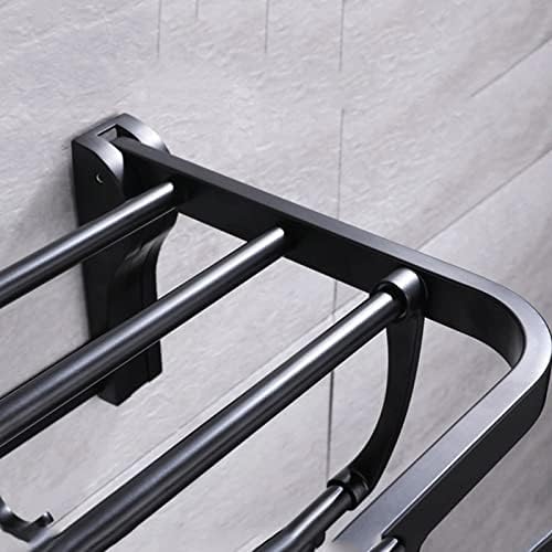 Bathroom Towel Rack Shelf with Hooks Movable Bar 304 Stainless Steel Holder Wall Mount Heavy Duty Accessories (Color : Black, Size : One Size)