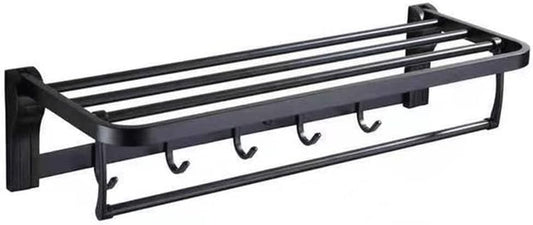 Bathroom Towel Rack Shelf with Hooks Movable Bar 304 Stainless Steel Holder Wall Mount Heavy Duty Accessories (Color : Black, Size : One Size)