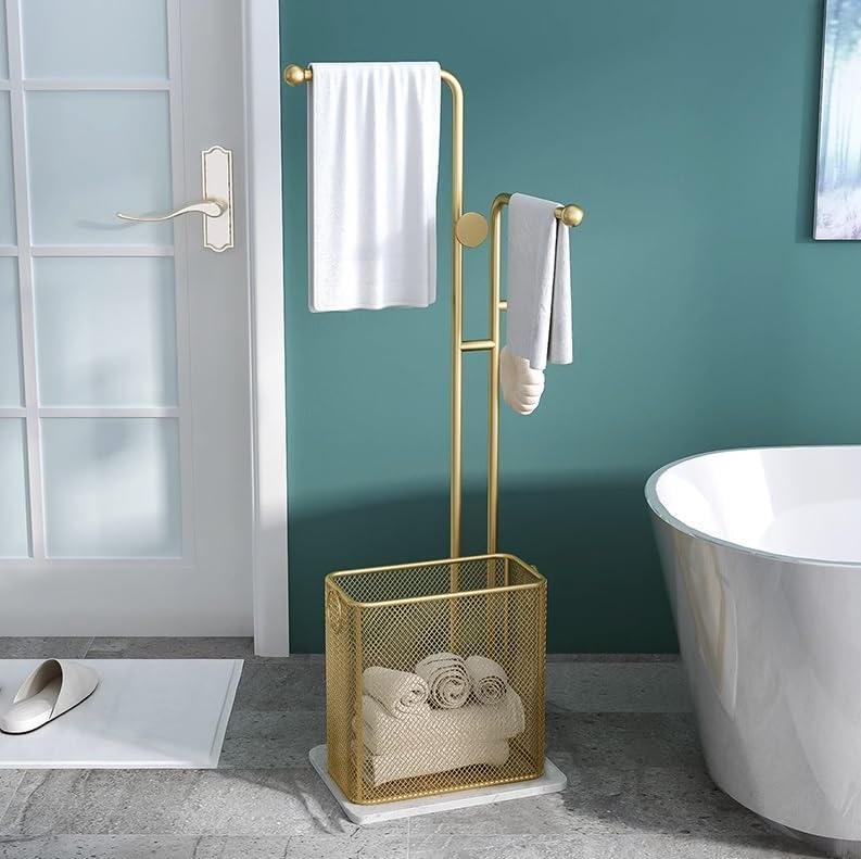 Towel Stand Free Standing Towel Rack Blanket Rack Freestanding Towel Rack Marble Base Metal Towel Stand with Laundry Basket and Hook for Bathroom Quilt Rack Towel Ladder
