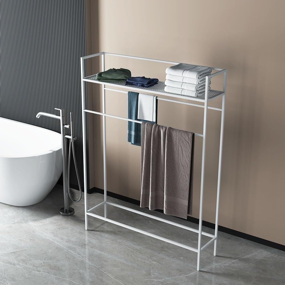 Freestanding Vertical Towel Rack, Black Bathroom Floor Stand, Multifunctional Clothes Hanger Organizer, No-Drill(Gold)