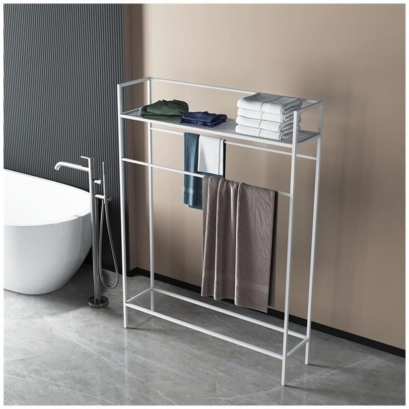 Freestanding Vertical Towel Rack, Black Bathroom Floor Stand, Multifunctional Clothes Hanger Organizer, No-Drill(Gold)