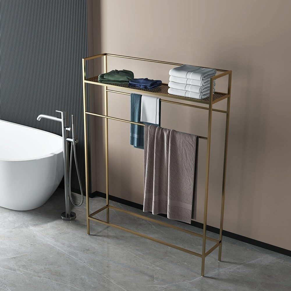 Freestanding Vertical Towel Rack, Black Bathroom Floor Stand, Multifunctional Clothes Hanger Organizer, No-Drill(Gold)