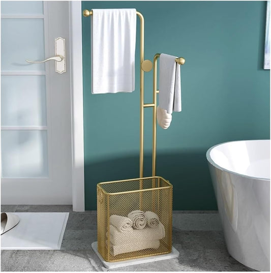 Towel Stand Free Standing Towel Rack Blanket Rack Freestanding Towel Rack Marble Base Metal Towel Stand with Laundry Basket and Hook for Bathroom Quilt Rack Towel Ladder