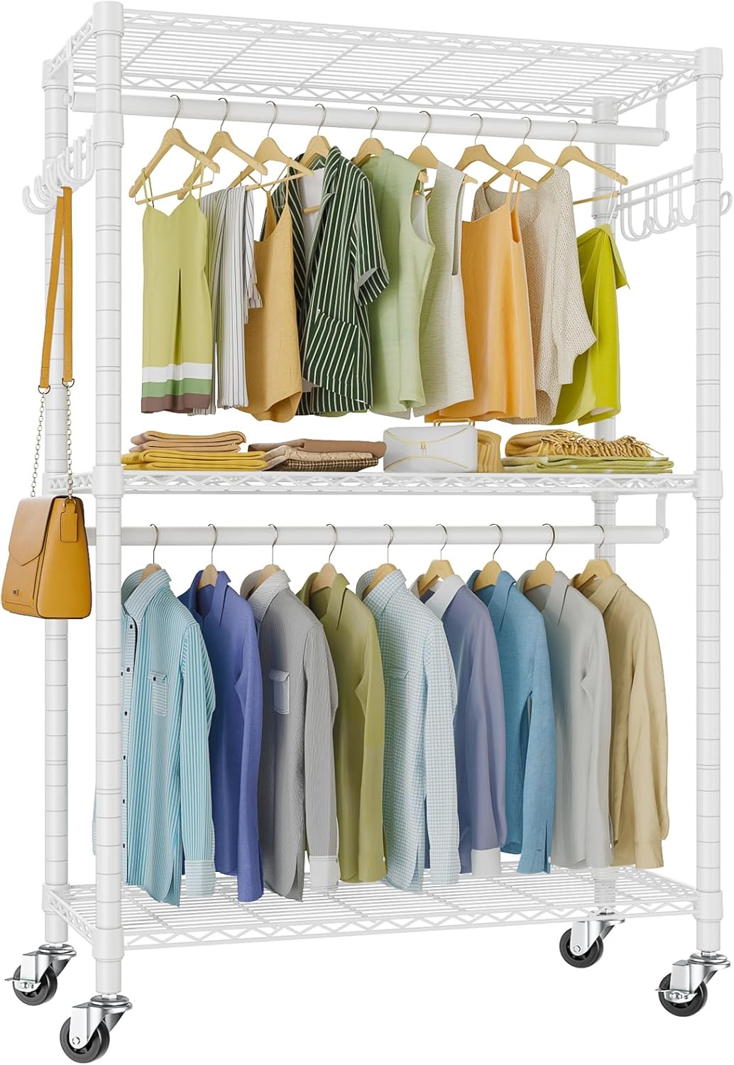 VIPEK R2 Plus Heavy Duty Rolling Garment Rack 3 Tiers Adjustable Wire Shelving Clothes Rack with Double Rods and Side Hooks, Freestanding Wardrobe Storage Rack Metal Clothing Rack, Black