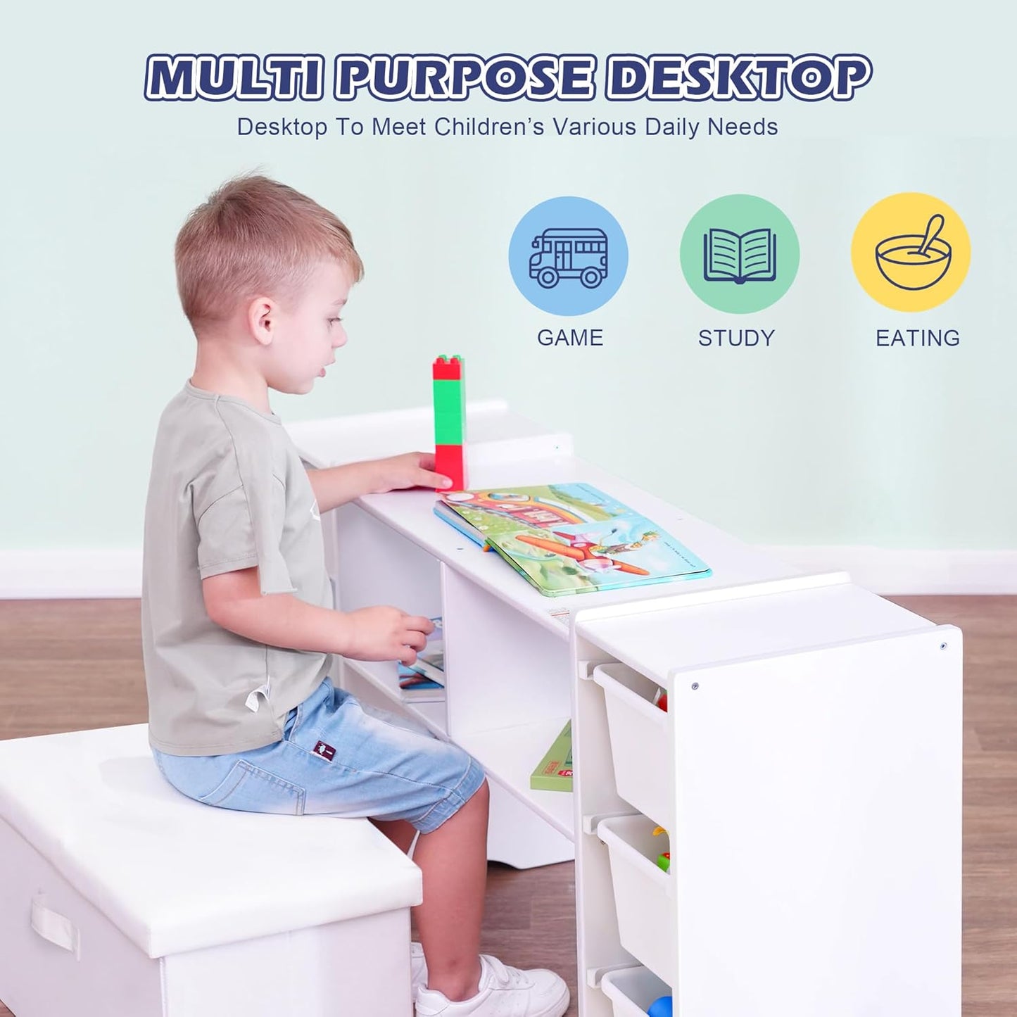 MallBest Kids' Toy Storage Organizer Shelf - 100% Solid Wood,Children's Storage Cabinet with 6 Plastic Bins，Playroom, Children's Room(White)