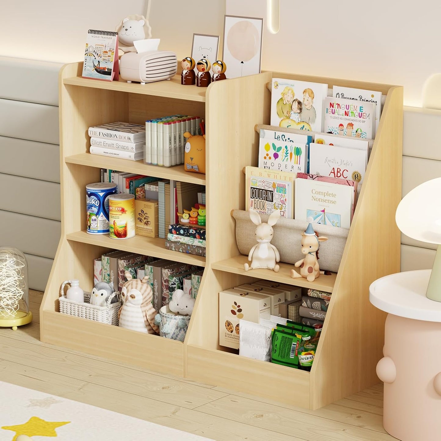 39" Large Kids Wooden Bookshelf and Toy Storage Organizer, Baby Bookcase with Sling Book Rack, Children Toddler Wooden Book Shelf for Kids Rooms, Playroom, Classroom, Nursery, School (White)