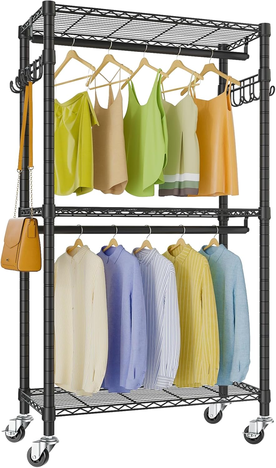 VIPEK R2 Plus Heavy Duty Rolling Garment Rack 3 Tiers Adjustable Wire Shelving Clothes Rack with Double Rods and Side Hooks, Freestanding Wardrobe Storage Rack Metal Clothing Rack, Black