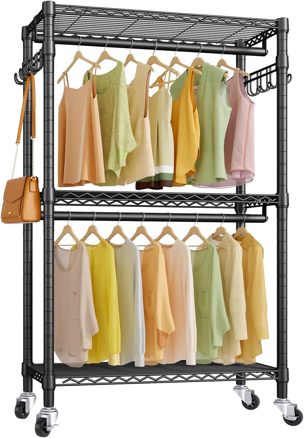 VIPEK R2 Plus Heavy Duty Rolling Garment Rack 3 Tiers Adjustable Wire Shelving Clothes Rack with Double Rods and Side Hooks, Freestanding Wardrobe Storage Rack Metal Clothing Rack, Black