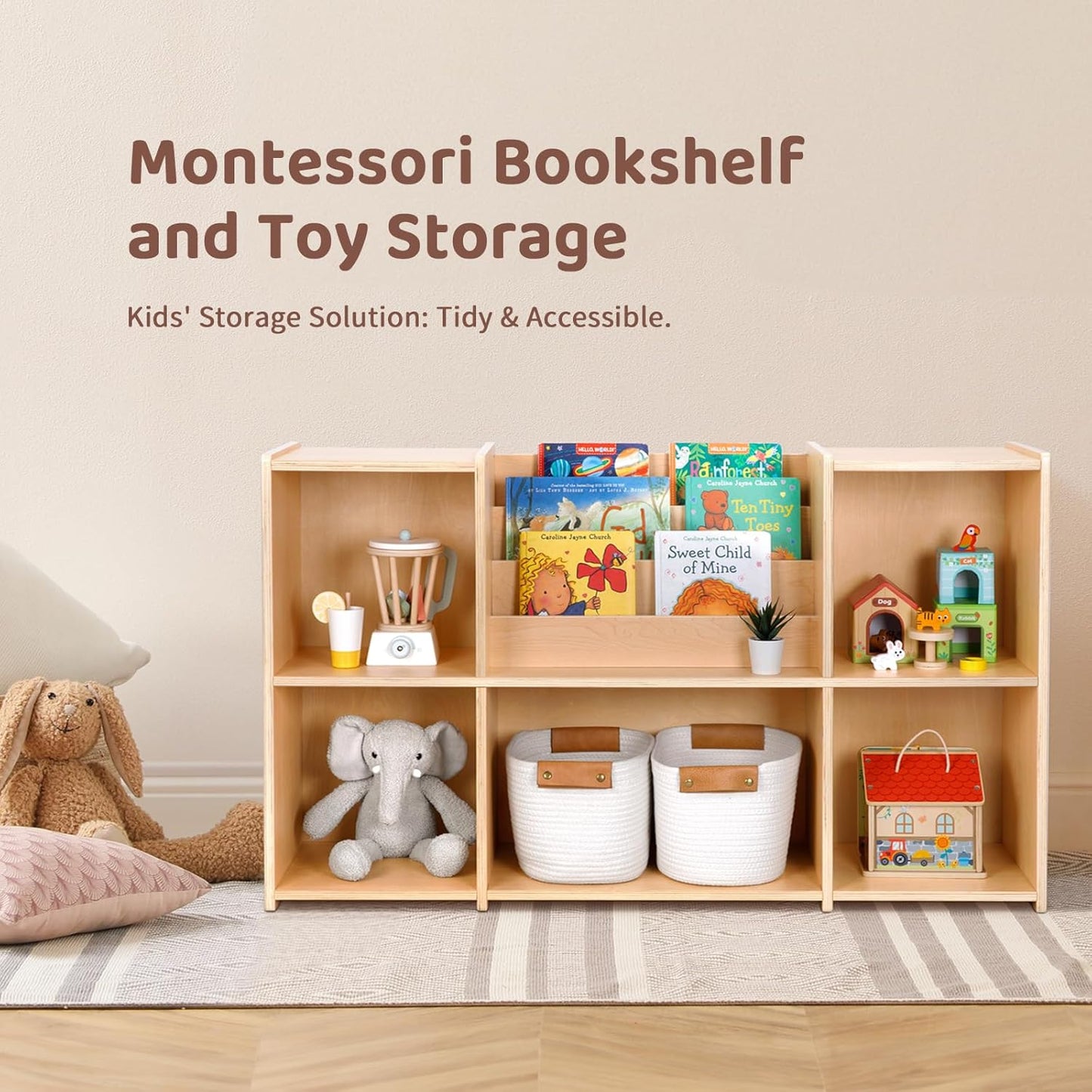 OOOK Montessori Bookshelf and Toy Storage Organizer, 2-Tier Horizontal Bookshelf, 5-Compartment Toy Storage Cabinet with Book Rack, Ideal Choice for Kids Classroom Organizer, Playroom and Daycare