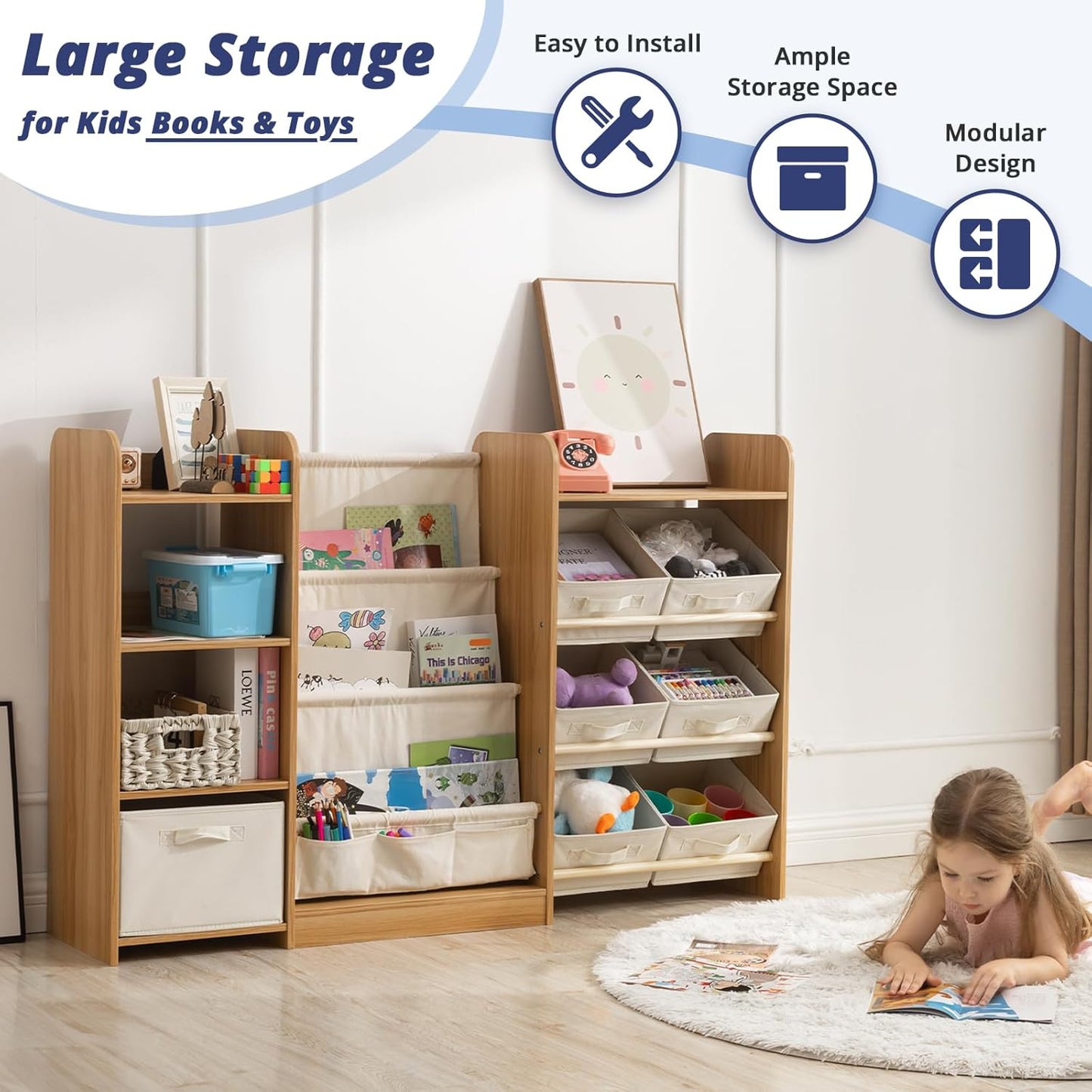 Kids Toy Book Storage Oranizer - Large Bookshelf with 7 Removable Bins, Baby Bookshelf and Toy Storage, 4-Tier Book Shelf for Kids Room, Playroom, Classroom, 51 inch, Burlywood