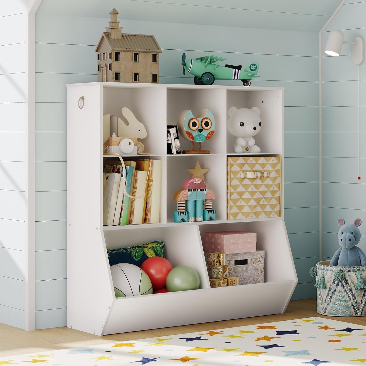 HOOBRO Kids Bookshelf, Toy Storage Cabinet, Kids Toy Organizer 8 Cubicles, Bookcase Footboard, Bookshelf for Kids, for Playroom, Nursery, Bedroom, and School, White WT35CW01G1