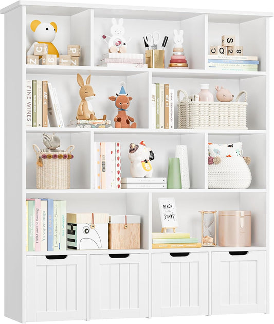 FINETONES 57.5”H Large Toy Storage Organizer, Tall Kids Bookshelf with 4 Movable Drawers and 10 Storage Cubbies, Toy Organizers and Storage Kids Storage Organizer Playroom Storage for Kids Room