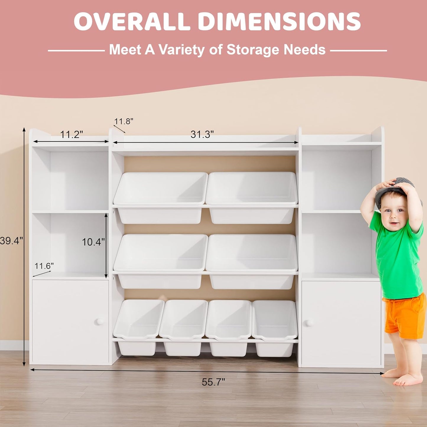 Xilingol Kids Toy Storage Organizer W/8 Removable Toy Bins, 4-Tier Toy Organizers W/6 Storage Cubbies, Kid Bookshelf and Toy Storage for Playroom, Bedroom, Kids Room, Classroom