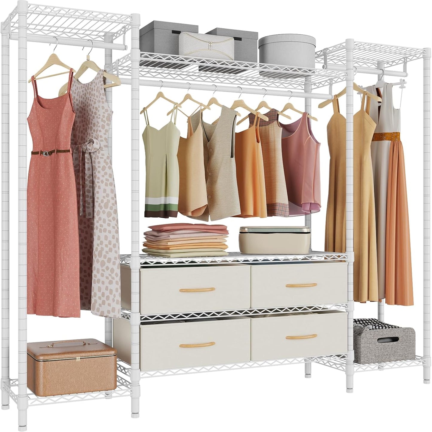 VIPEK V20 Wire Garment Rack Heavy Duty Clothes Rack, Metal Clothing Rack with 6 Shelves, 3 Hang Rods & 4 Fabric Drawers, Compact Wardrobe Closet, 56.7" L x 14.6" W x 70.9" H, Black