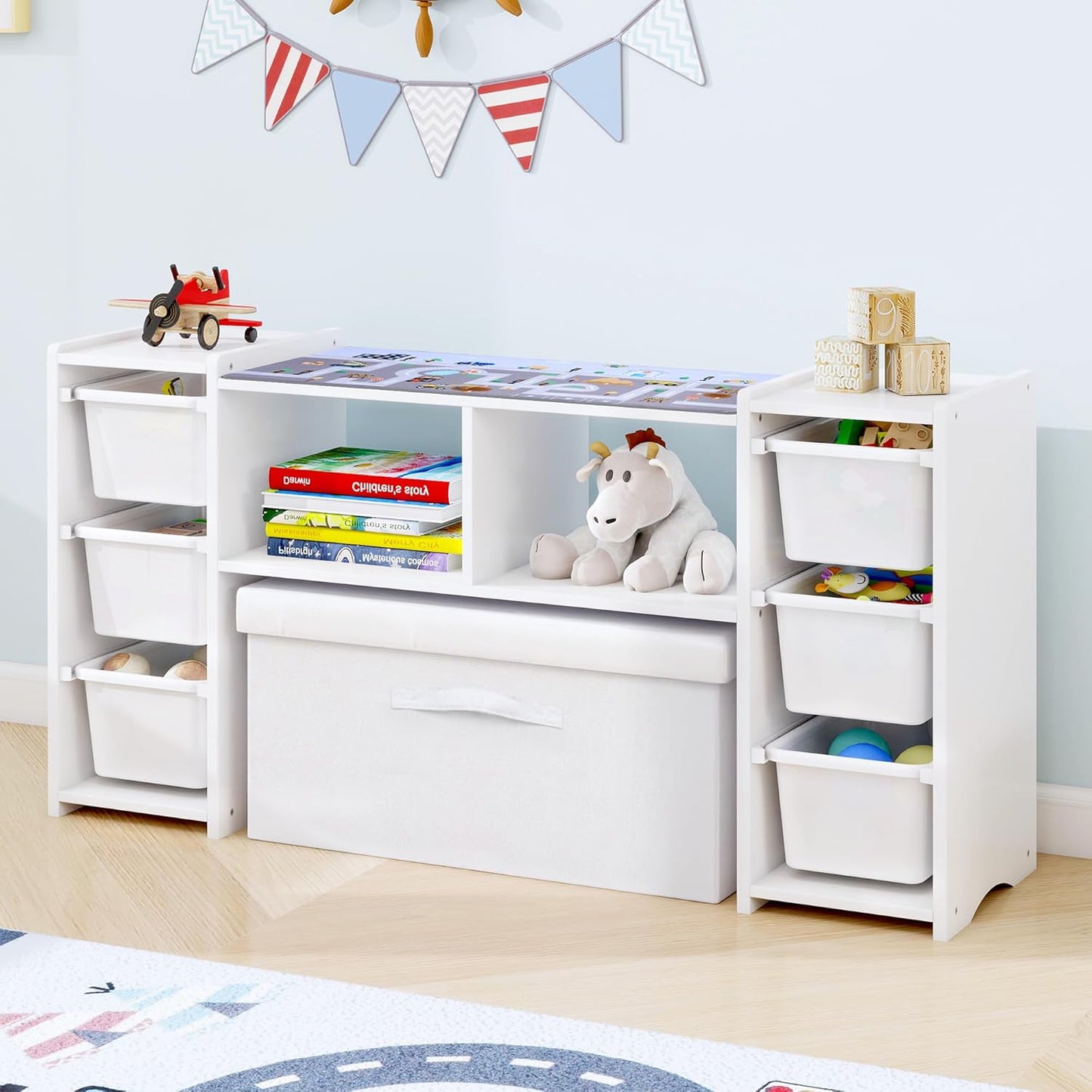 MallBest Kids' Toy Storage Organizer Shelf - 100% Solid Wood,Children's Storage Cabinet with 6 Plastic Bins，Playroom, Children's Room(White)