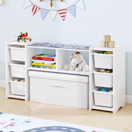 MallBest Kids' Toy Storage Organizer Shelf - 100% Solid Wood,Children's Storage Cabinet with 6 Plastic Bins，Playroom, Children's Room(White)