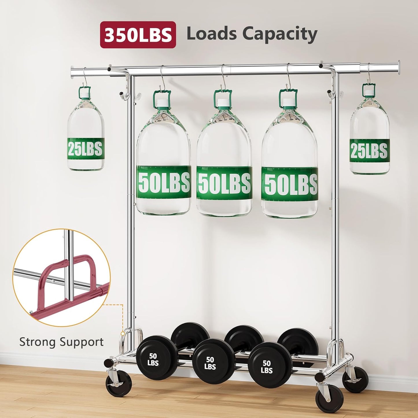 Tajsoon Clothes Rack with Cover, Heavy Duty Clothing Rack with Sturdy Wheels Load 350 LBS, Rolling Garment Racks with Extendable Hanging Rod & 4 Hooks, Chrome