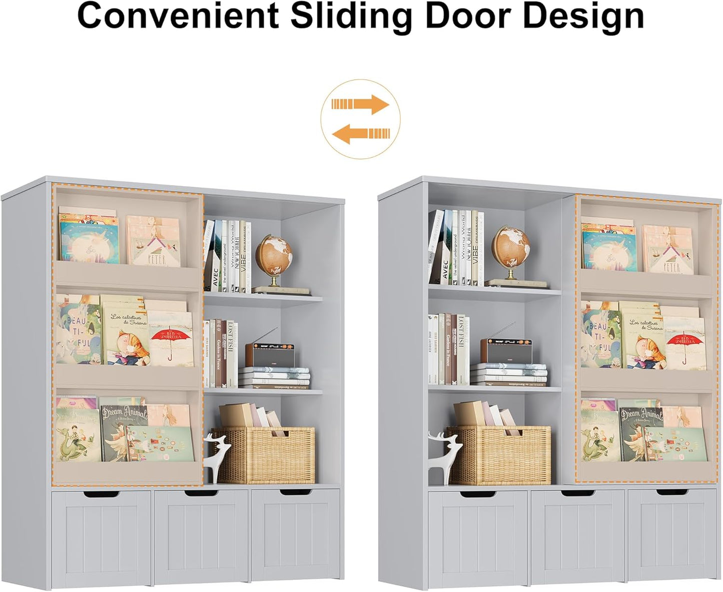FOTOSOK Toy Storage Organizer with Sliding Book Shelf, Toy Organizers and Storage with 3 Movable Drawers and 6 Storage Cubbies, Playroom Organization and Storage Kids Bookshelf for Playroom, Bedroom