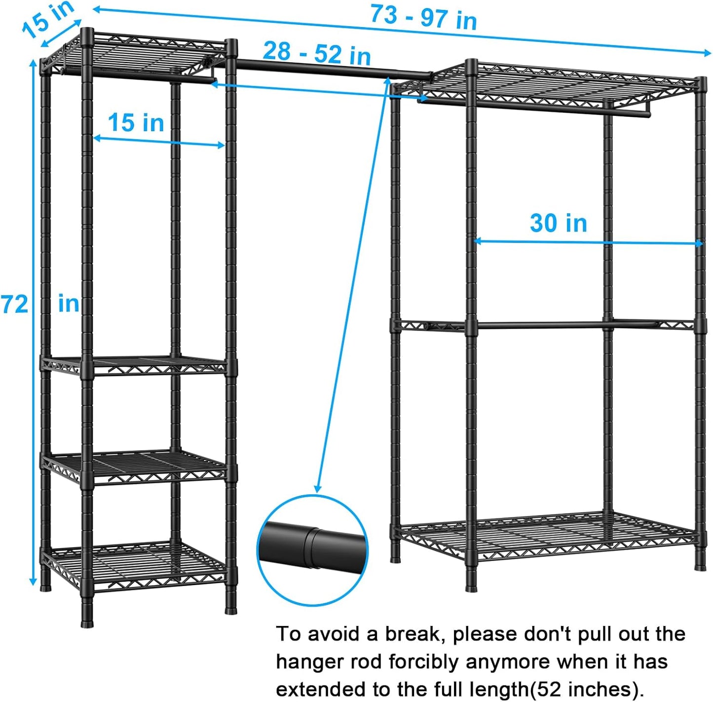 Ulif E10 Clothes Rack（With Stretchable Hanger Rod）Freestanding Clothing Racks for Hanging Clothes，Adjustable Closet Organizer System，Portable Garment Rack 73-97"W x 15" D x 72" H，Max Load 800LBS，Black