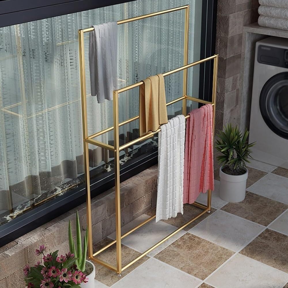 Freestanding 2-Tier Towel Rack, White Metal Floor-Standing Drying Stand for Bathroom Laundry, No-Drill(Gold)