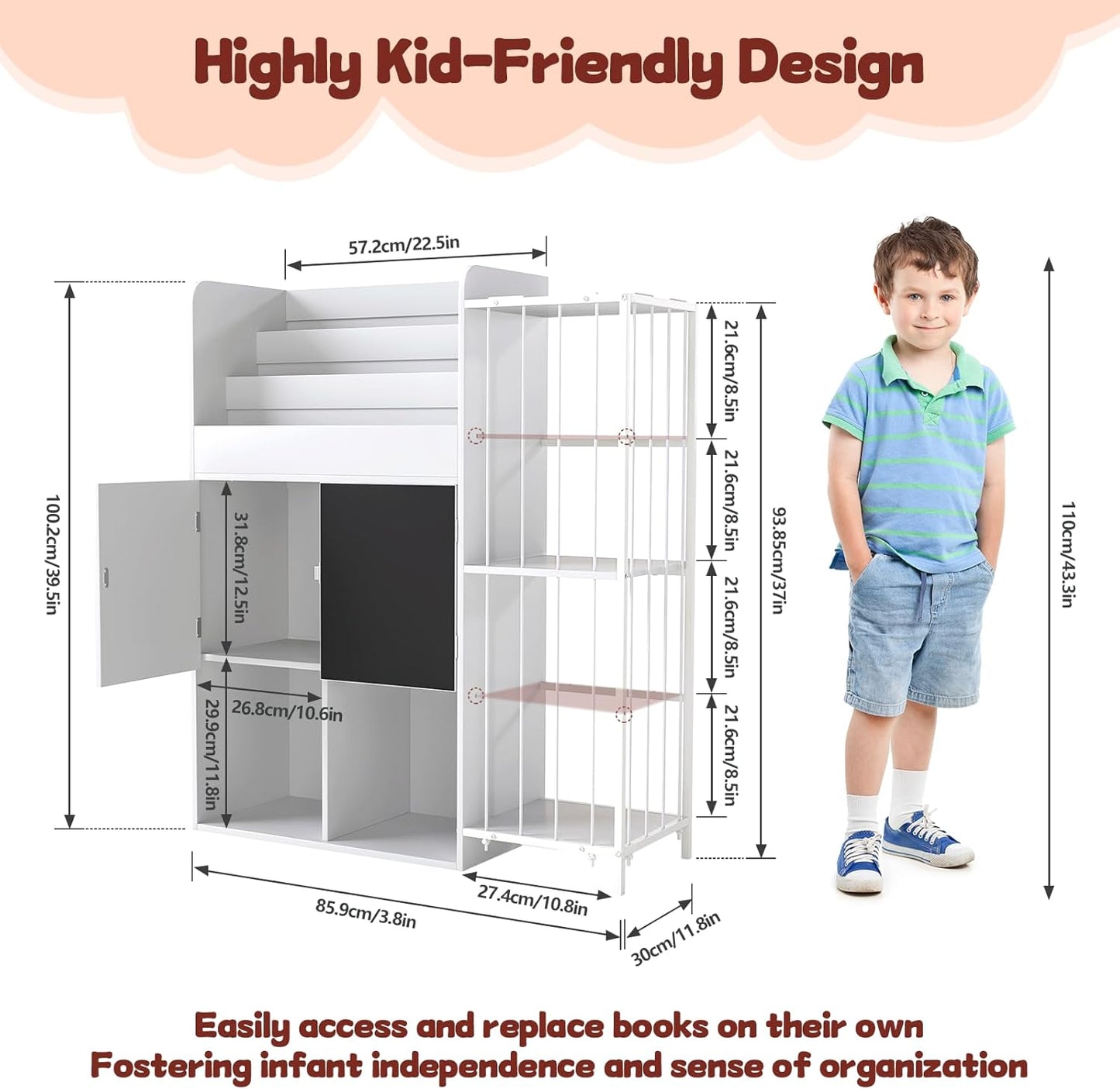 Multifunctional Kid Bookshelf and Toy Storage Organizer W/4 Storage Cubbies& Chalkboards, 4 in 1 39.5" Tall 3-Tier Bookshelf for Kids with 4 Tier Stuffed Animal Net for Kids Rooms, Bedroom,Playroom