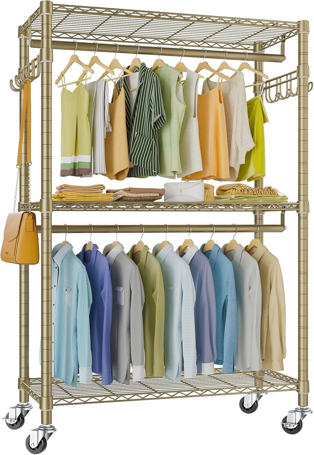 VIPEK R2 Plus Heavy Duty Rolling Garment Rack 3 Tiers Adjustable Wire Shelving Clothes Rack with Double Rods and Side Hooks, Freestanding Wardrobe Storage Rack Metal Clothing Rack, Black