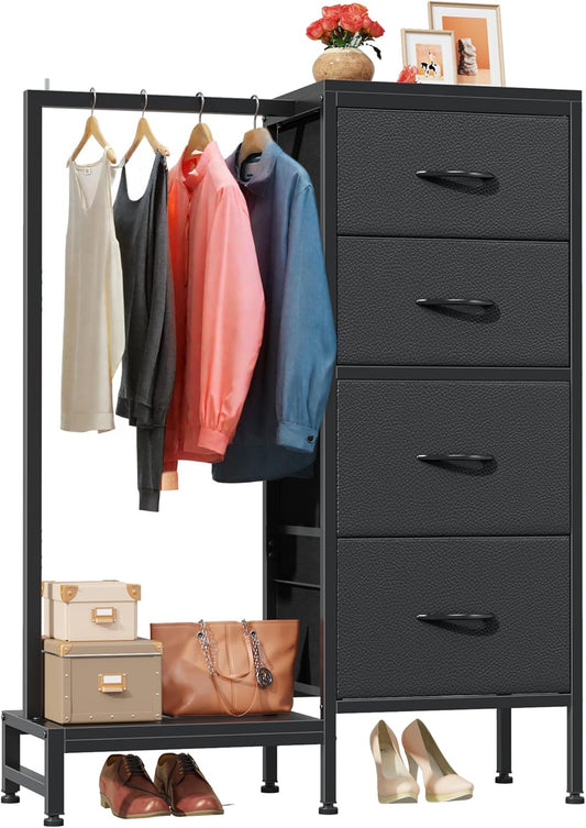 Dresser with Hanging Rack, 4 Drawers Small Closet for Bedroom, Reversible Fabric Kids Chest of Drawers with Clothes Rack, Tall Storage Tower, Sturdy Frame, Black, 44''H