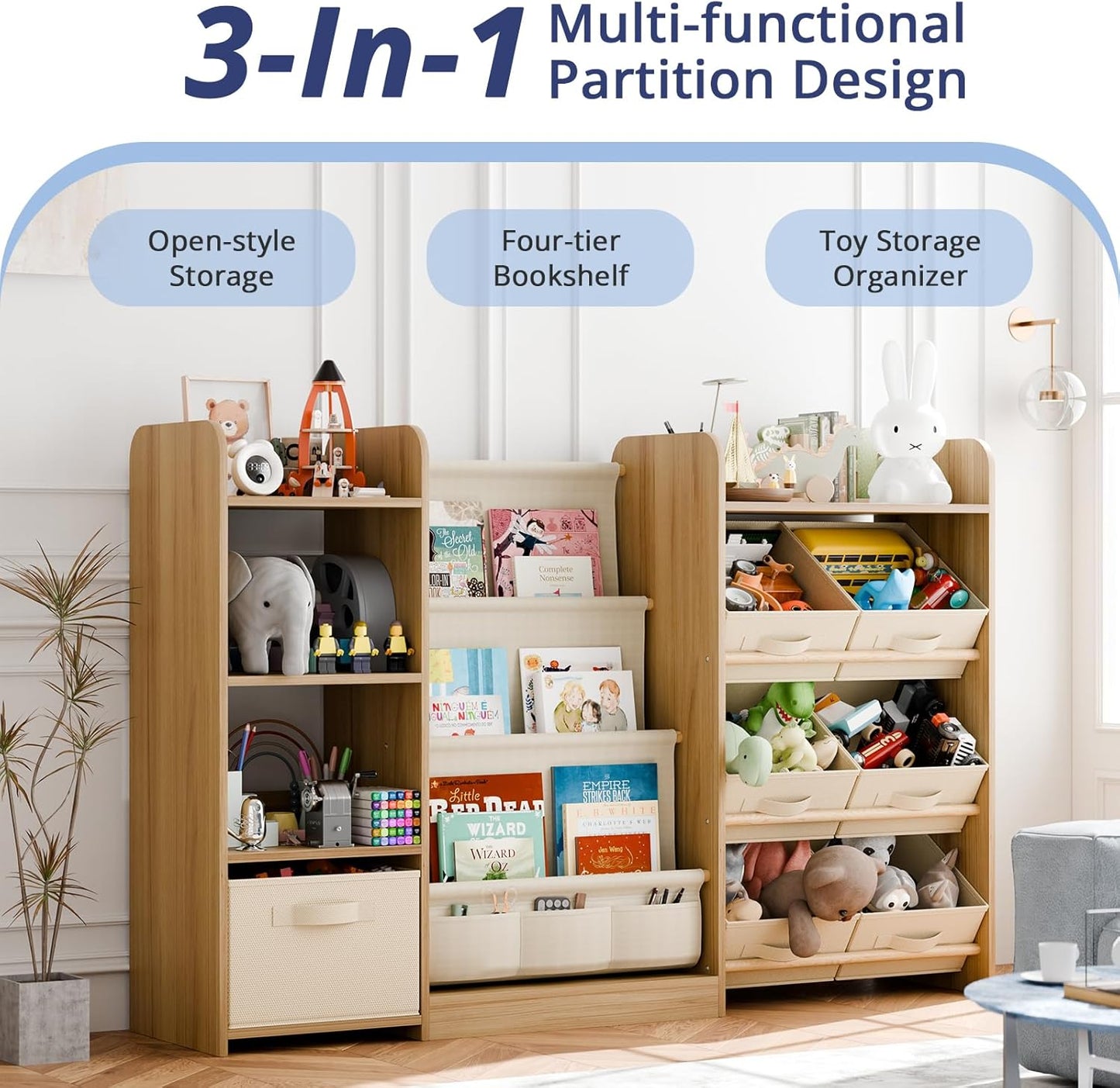Kids Toy Book Storage Oranizer - Large Bookshelf with 7 Removable Bins, Baby Bookshelf and Toy Storage, 4-Tier Book Shelf for Kids Room, Playroom, Classroom, 51 inch, Burlywood