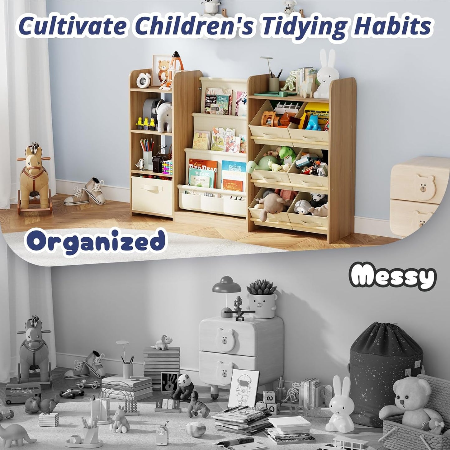 Kids Toy Book Storage Oranizer - Large Bookshelf with 7 Removable Bins, Baby Bookshelf and Toy Storage, 4-Tier Book Shelf for Kids Room, Playroom, Classroom, 51 inch, Burlywood