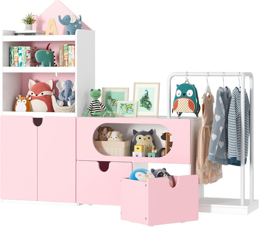 69" Large Toy Storage Organizer with Clothes Rack, Modular Type Kids Bookshelf & Toy Storage with Two Movable Toy Box, Children Bookshelf for Playroom, Bedroom, Living Room, Pink