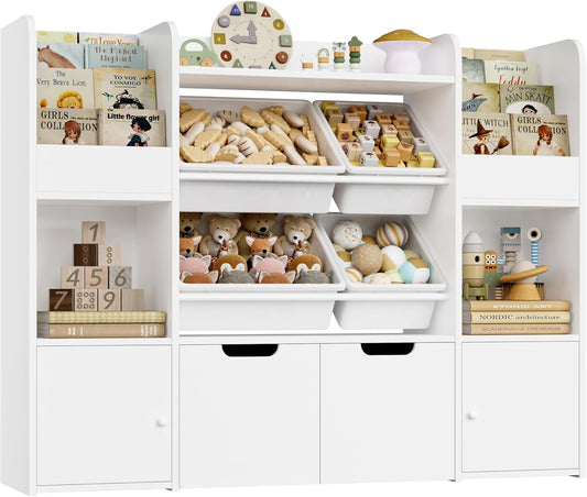 FINETONES 50'' Large Toy Storage Organizer with 4 Toy Bins, 6 Storage Cubbies and 2 Movable Drawers, Bookshelf for Kids, Playroom Organization and Bins, White