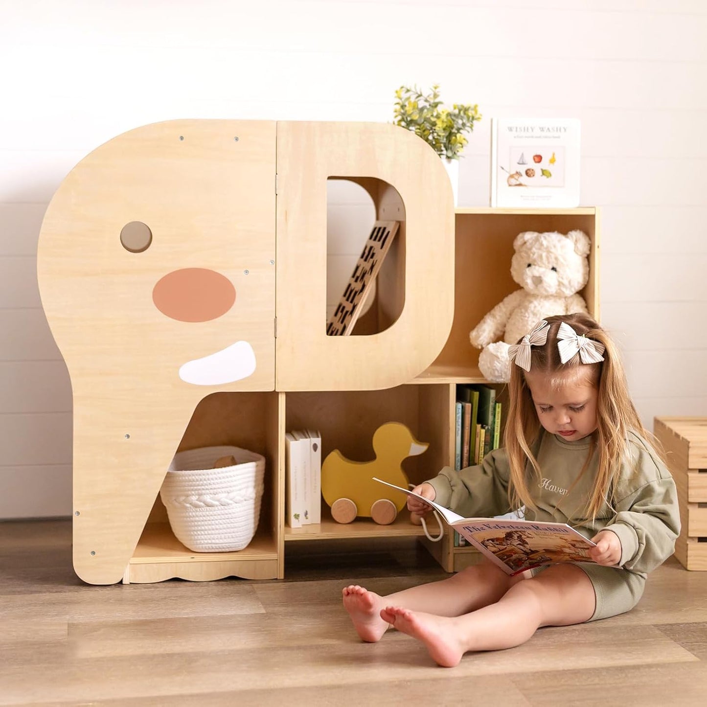 OOOK Montessori Bookshelf and Toy Storage Organizer, 2-Tier Horizontal Bookshelf, 5-Compartment Toy Storage Cabinet with Book Rack, Ideal Choice for Kids Classroom Organizer, Playroom and Daycare