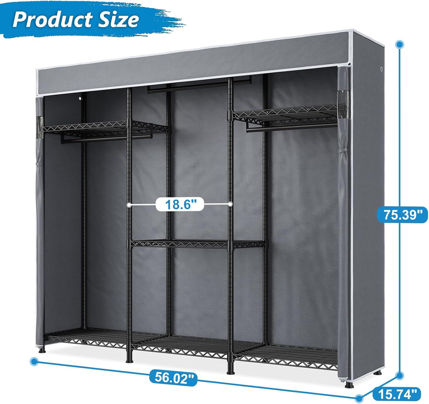Raybee Heavy Duty Clothes Rack with Cover 800 LBS Clothing Racks for Hanging Clothes Portable Closet for Bedroom 56" Wx 16" Dx75.5 H