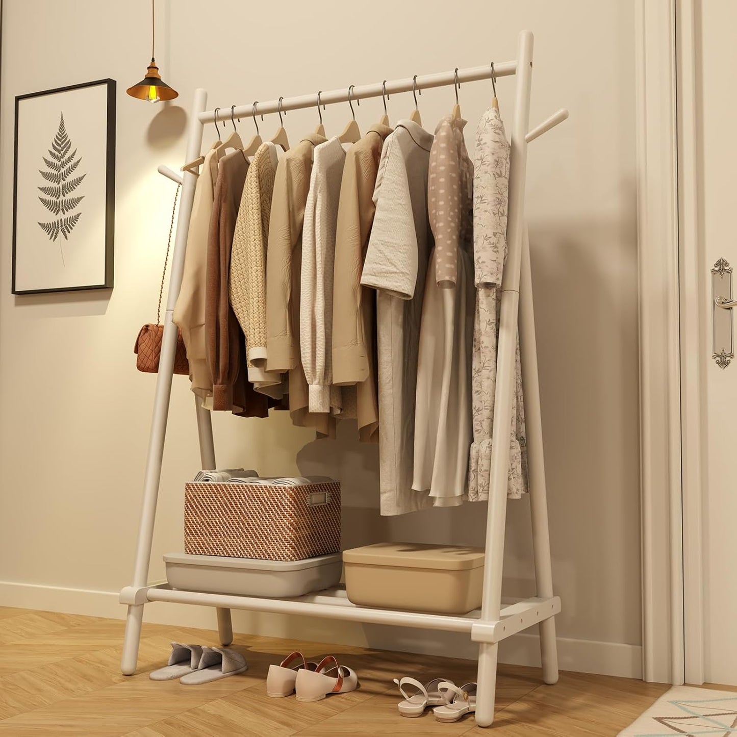 Solid Wood Clothing Rack, Rolling Clothes Rack for Hanging Clothes, Garment Rack with Shelves Load 350 Lbs, Portable Closet Organizer on Wheels for Hanging Clothes (Walnut)