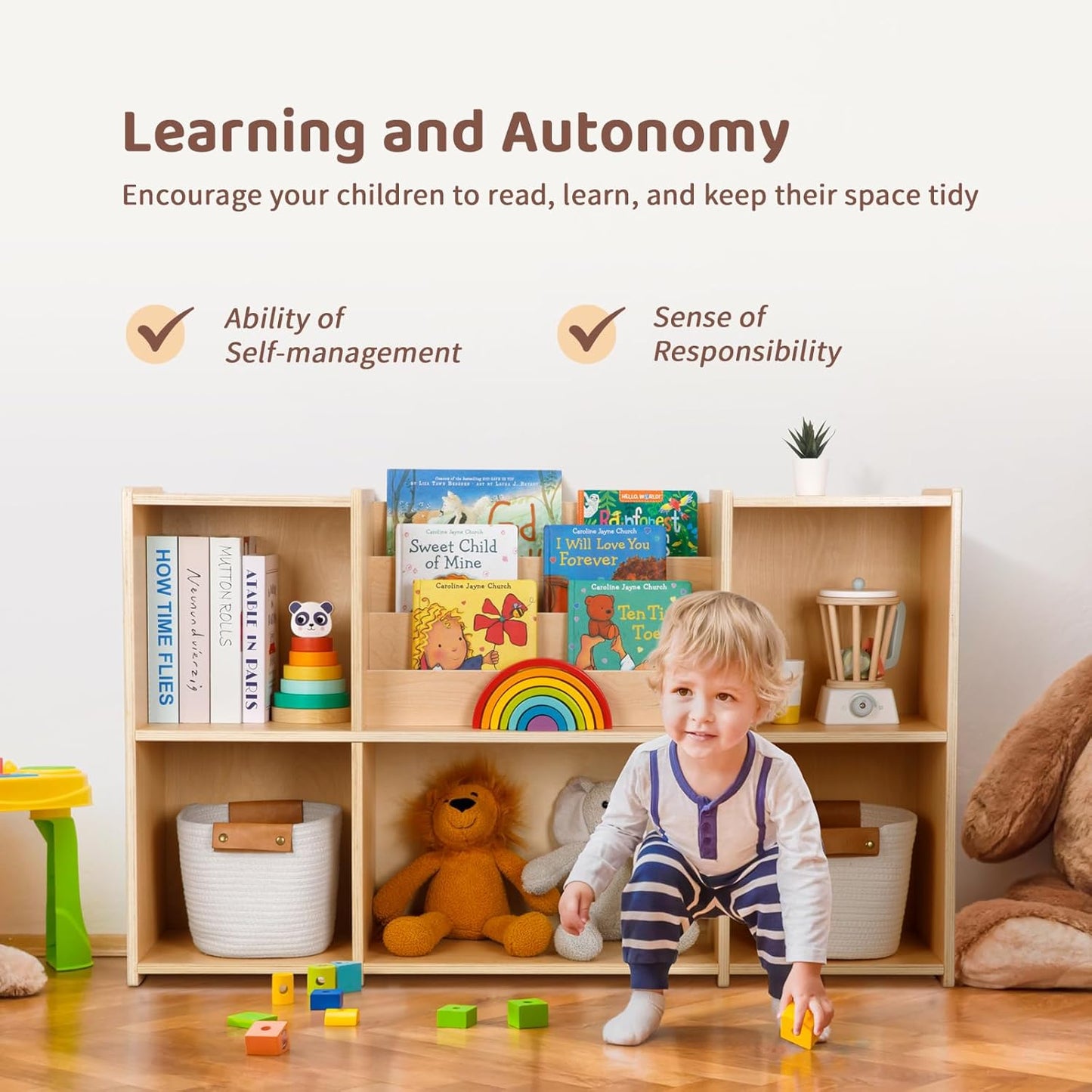 OOOK Montessori Bookshelf and Toy Storage Organizer, 2-Tier Horizontal Bookshelf, 5-Compartment Toy Storage Cabinet with Book Rack, Ideal Choice for Kids Classroom Organizer, Playroom and Daycare