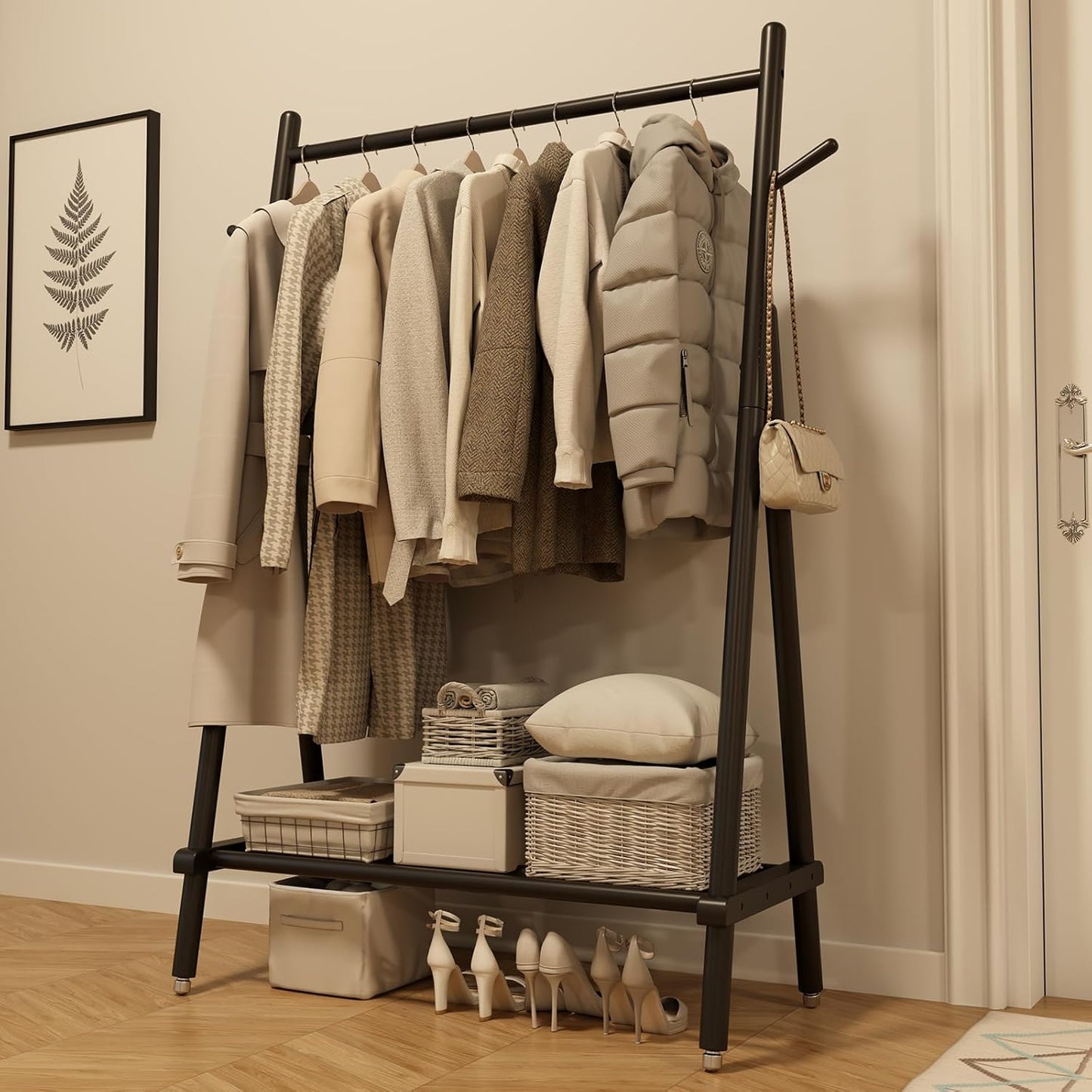 Solid Wood Clothing Rack, Rolling Clothes Rack for Hanging Clothes, Garment Rack with Shelves Load 350 Lbs, Portable Closet Organizer on Wheels for Hanging Clothes (Walnut)