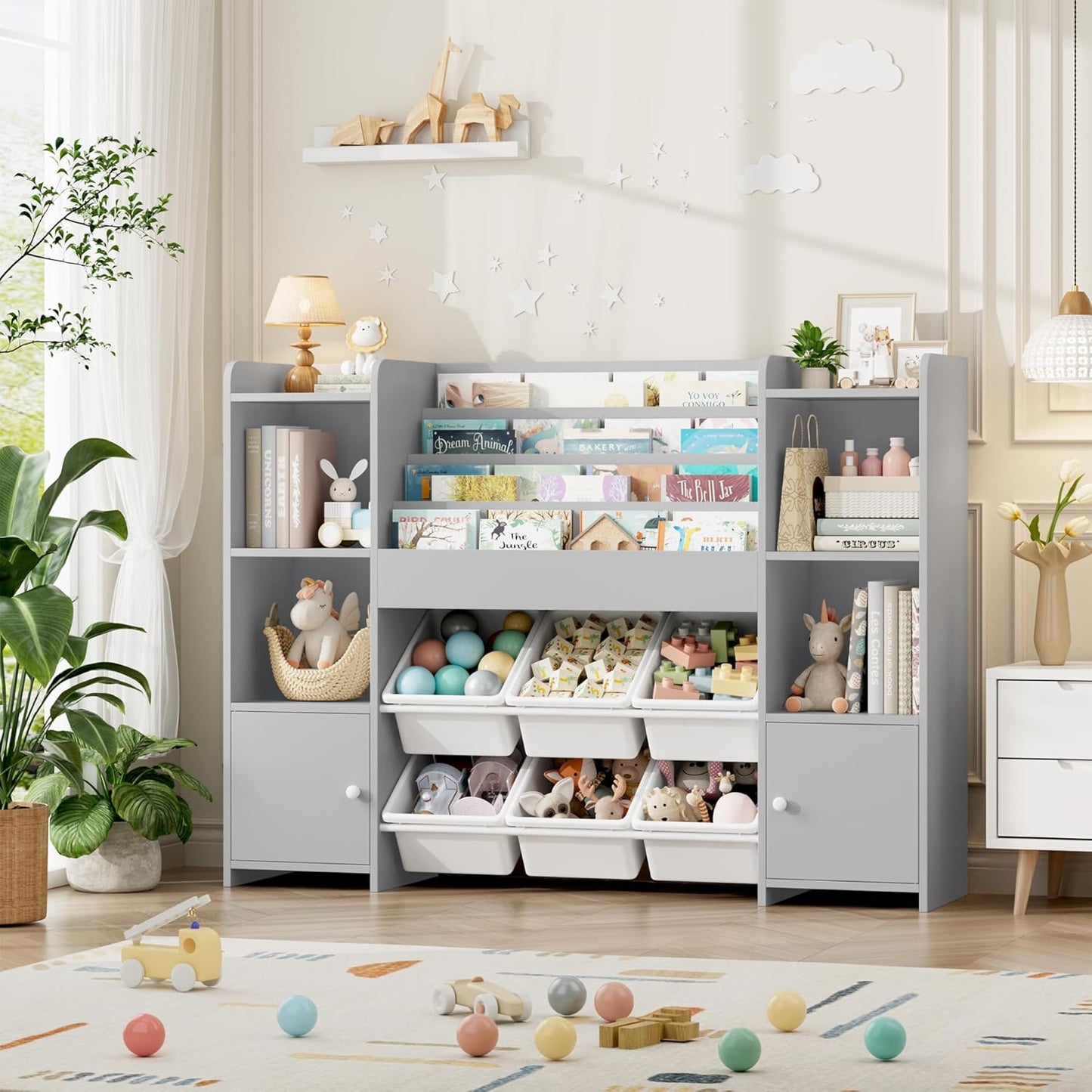 FINETONES Toy Storage Organizer with 6 Toy Bins, Toy Organizer Kids Bookshelf with 6 Cubbies, Toy Organizers and Storage Bins Playroom Storage for Kids Room, White