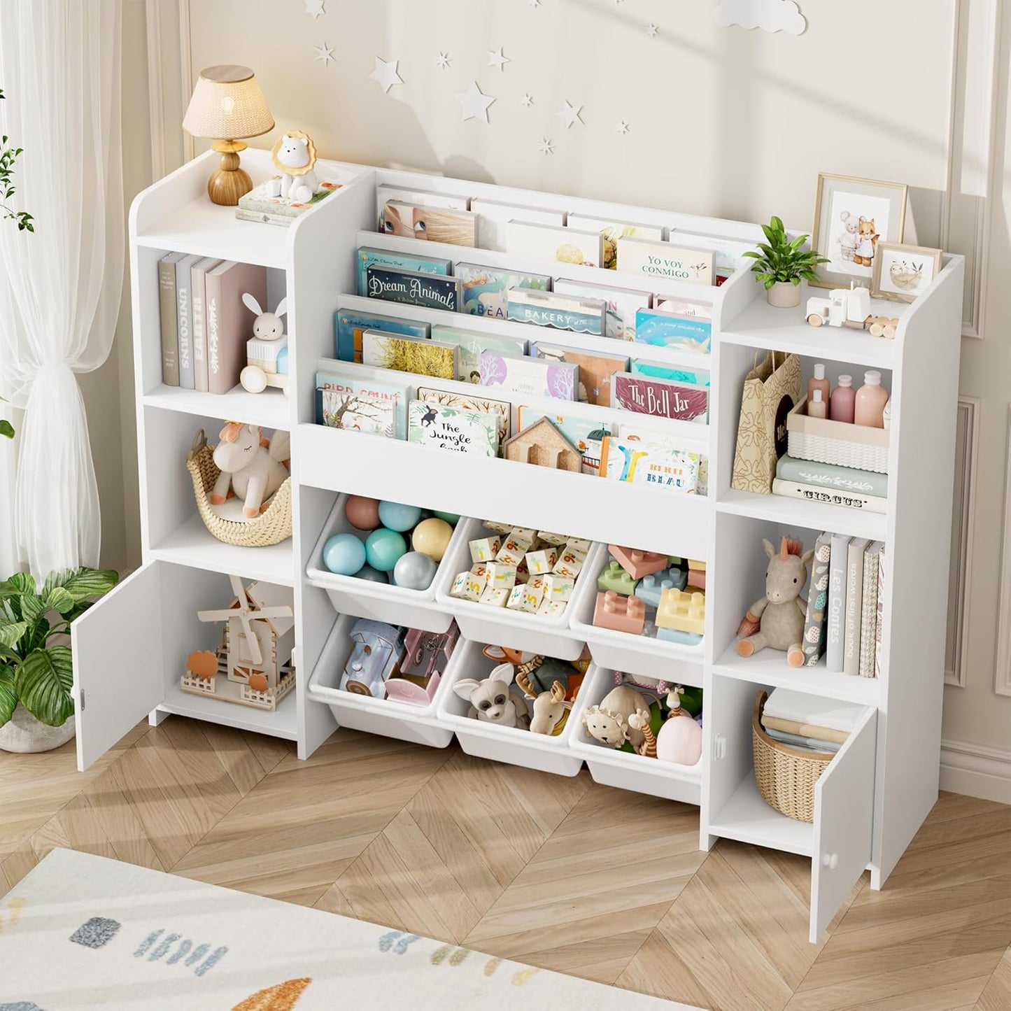 FINETONES Toy Storage Organizer with 6 Toy Bins, Toy Organizer Kids Bookshelf with 6 Cubbies, Toy Organizers and Storage Bins Playroom Storage for Kids Room, White