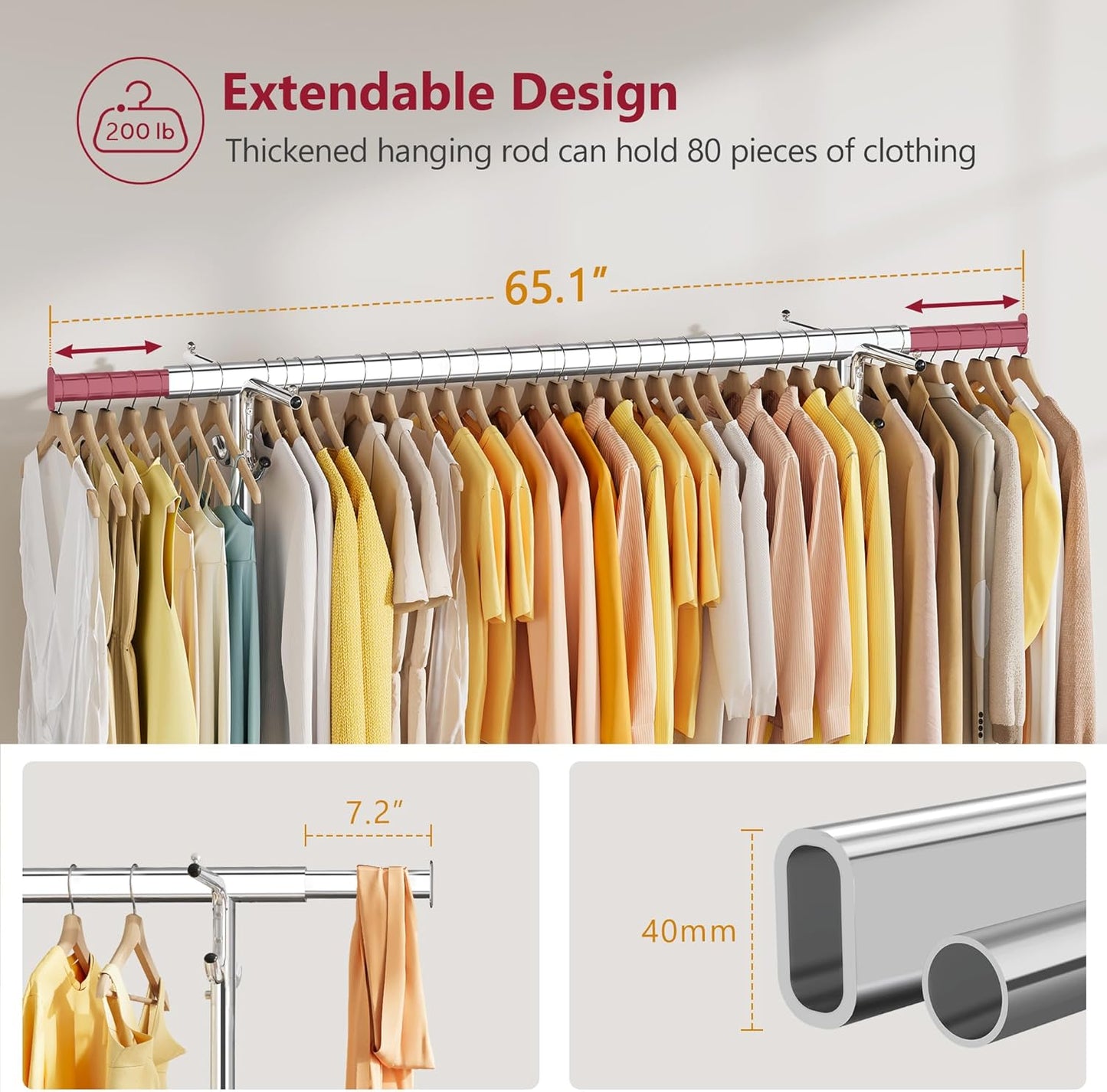 Tajsoon Clothes Rack with Cover, Heavy Duty Clothing Rack with Sturdy Wheels Load 350 LBS, Rolling Garment Racks with Extendable Hanging Rod & 4 Hooks, Chrome