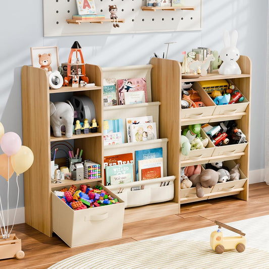 Kids Toy Book Storage Oranizer - Large Bookshelf with 7 Removable Bins, Baby Bookshelf and Toy Storage, 4-Tier Book Shelf for Kids Room, Playroom, Classroom, 51 inch, Burlywood