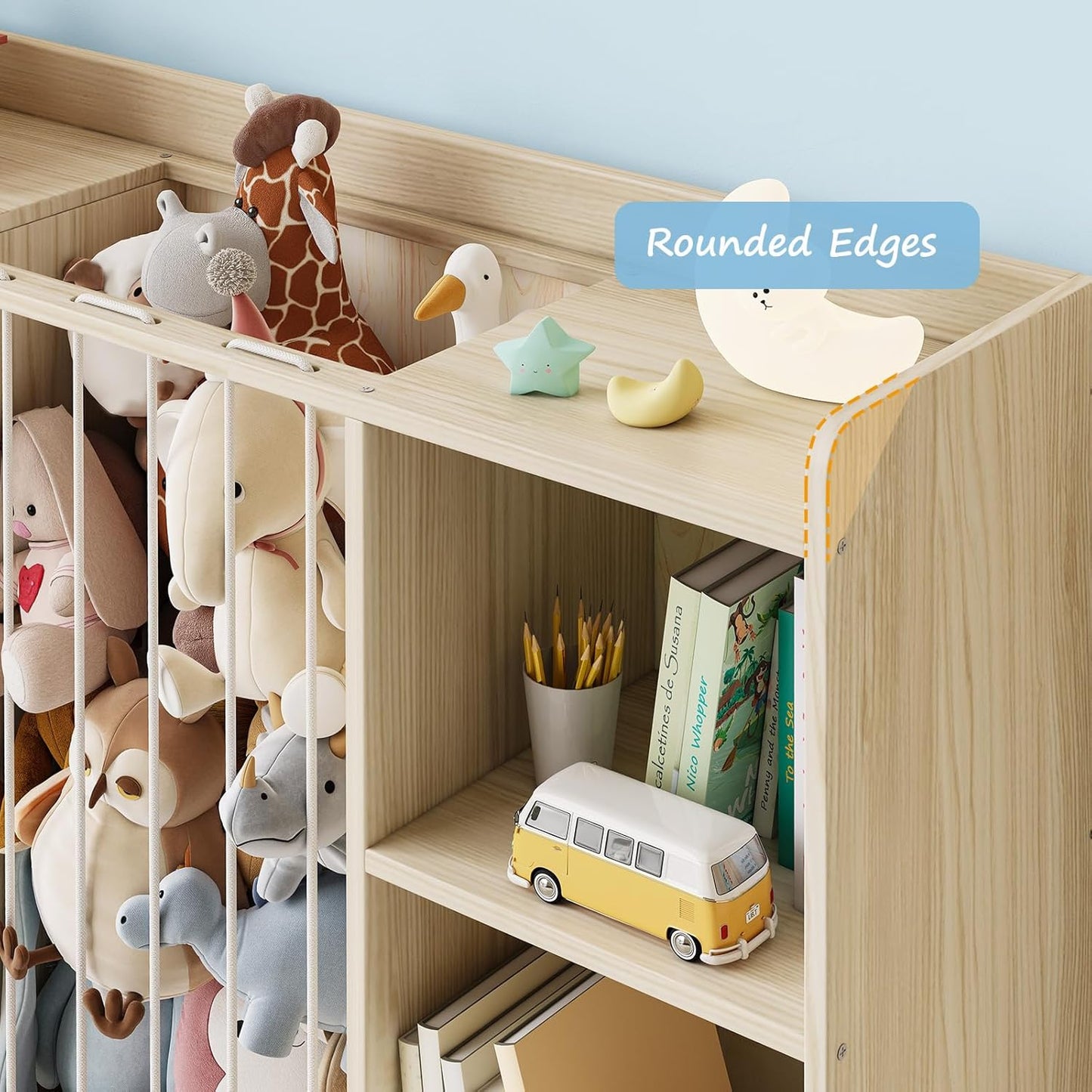 Toy Storage Organizer with Stuffed Animal Storage, Wooden Toy Organizer & Stuffed Animal Zoo, 6 Cubes Shelf with Removable Drawers, 4 -in-1 Book Shelf for Kids Room, Playroom, Nursery